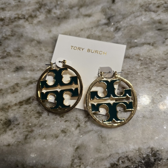 Tory Burch Jewelry - Tory Burch Gold and Green Hoop Earrings